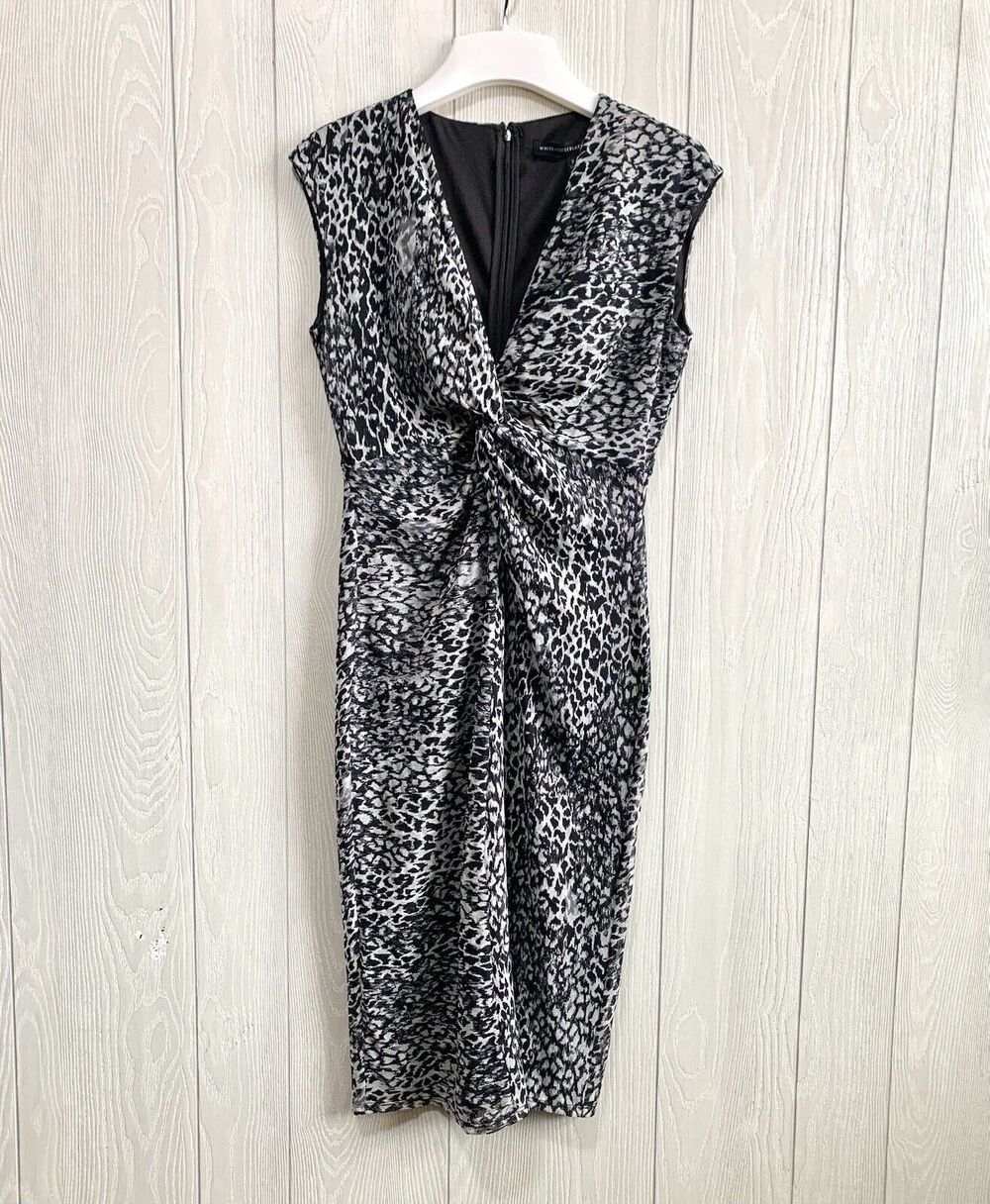 White House Black Market Twist Front Leopard Gray Black Dress Size 2 NWT